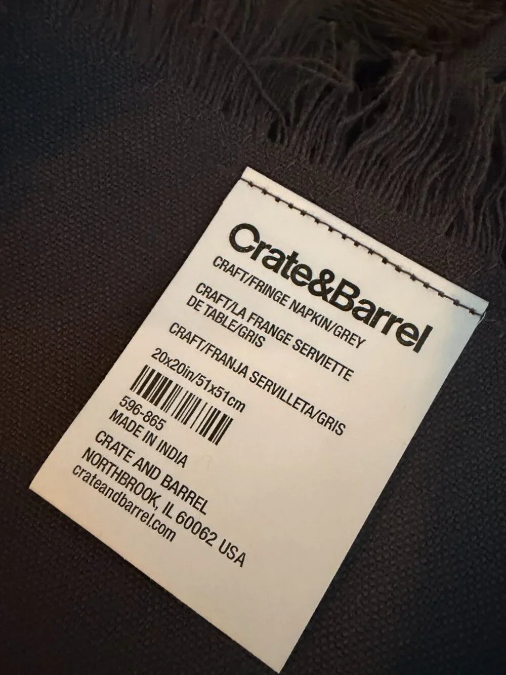 Crate & Barrel Craft Grey Cotton Fringe Napkin - SET OF FOUR - NWT